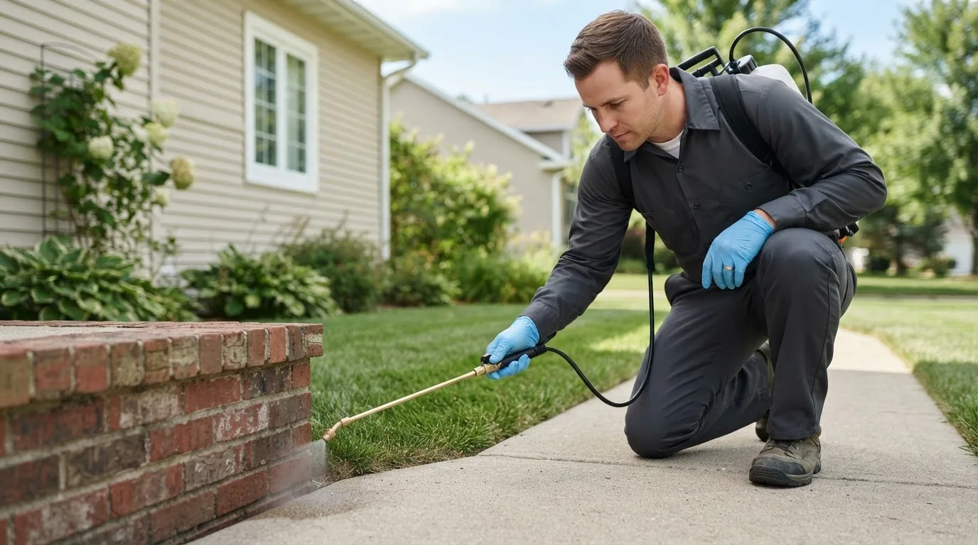 Pest control technician treating a home near Rhodhiss, NC